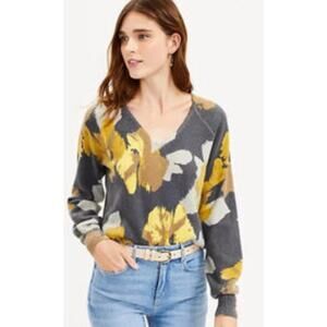 LOFT Floral V-Neck Sweater in Gray and Yellow
